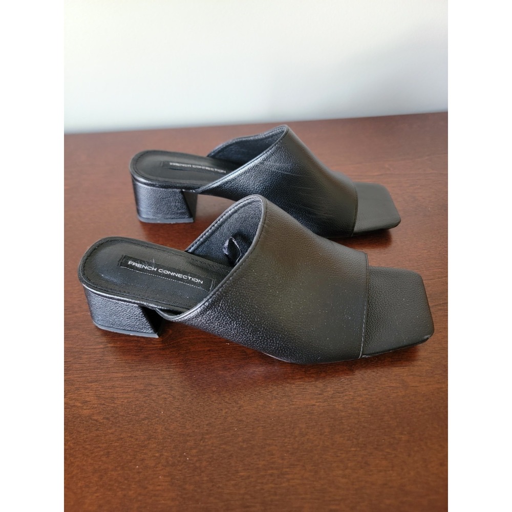 French Connection Women's 7.5 Black Leather Square Toe Sandal Block Heel Y2K 90s